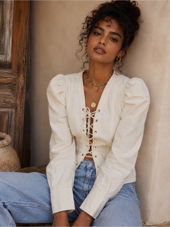 Free People Tops - Free People Ivory Lace-Up Corset Puff Sleeve Cream Blouse Cottagecore Prairie M